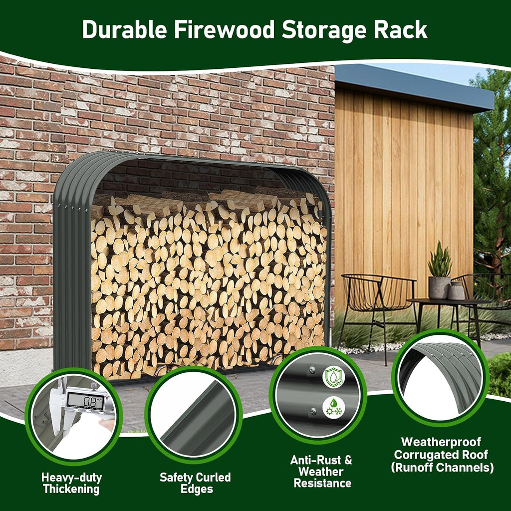 ANLEOLIFE Galvanized Steel Firewood Rack with Weatherproof Corrugated Roof (Shed-Style Log Storage), Heavy Duty Outdoor Log Holder, Rust Resistant, Trio Gray, 18'D x 54'W x 43'H
