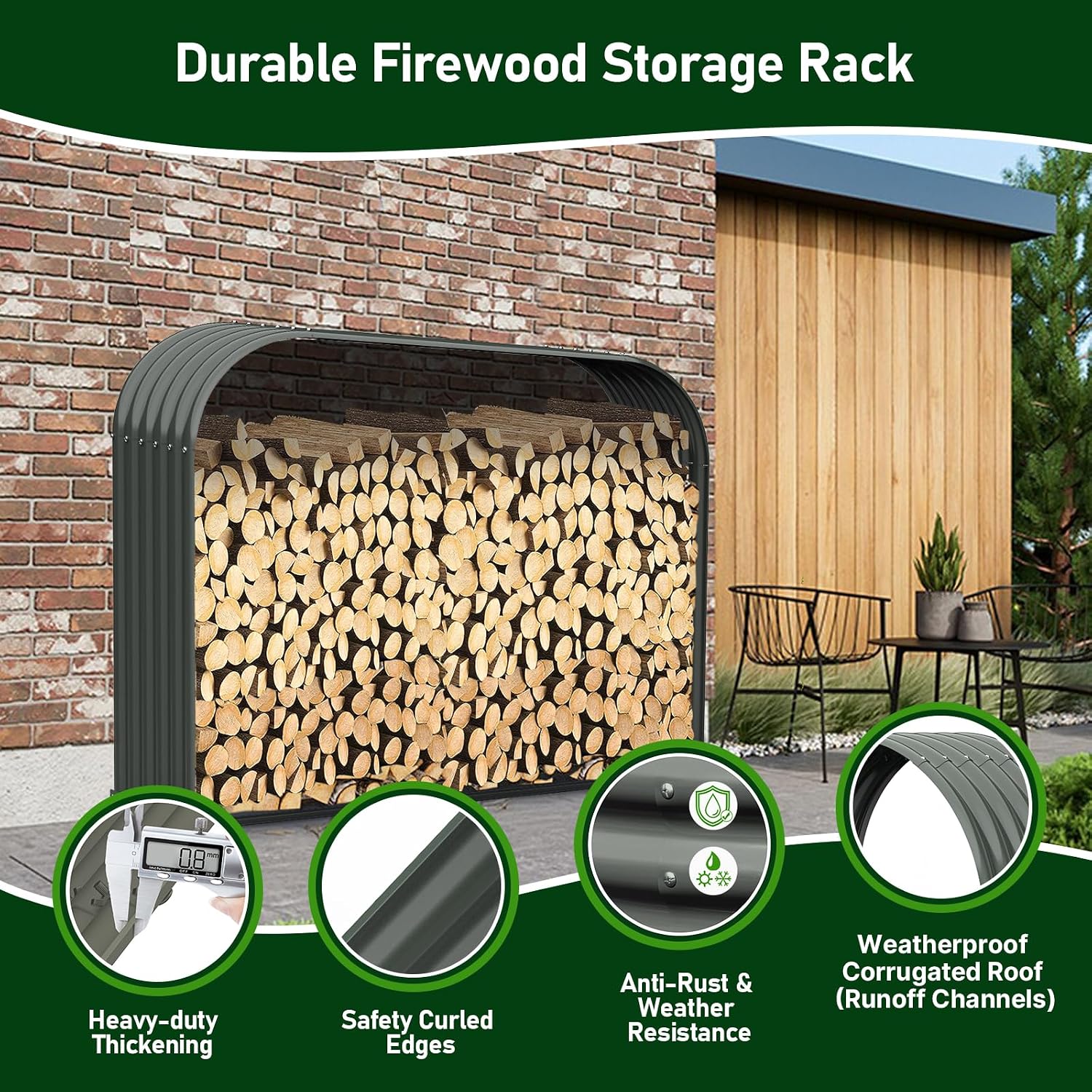 ANLEOLIFE Galvanized Steel Firewood Rack with Weatherproof Corrugated Roof (Shed-Style Log Storage), Heavy Duty Outdoor Log Holder, Rust Resistant, Trio Gray, 18'D x 54'W x 43'H