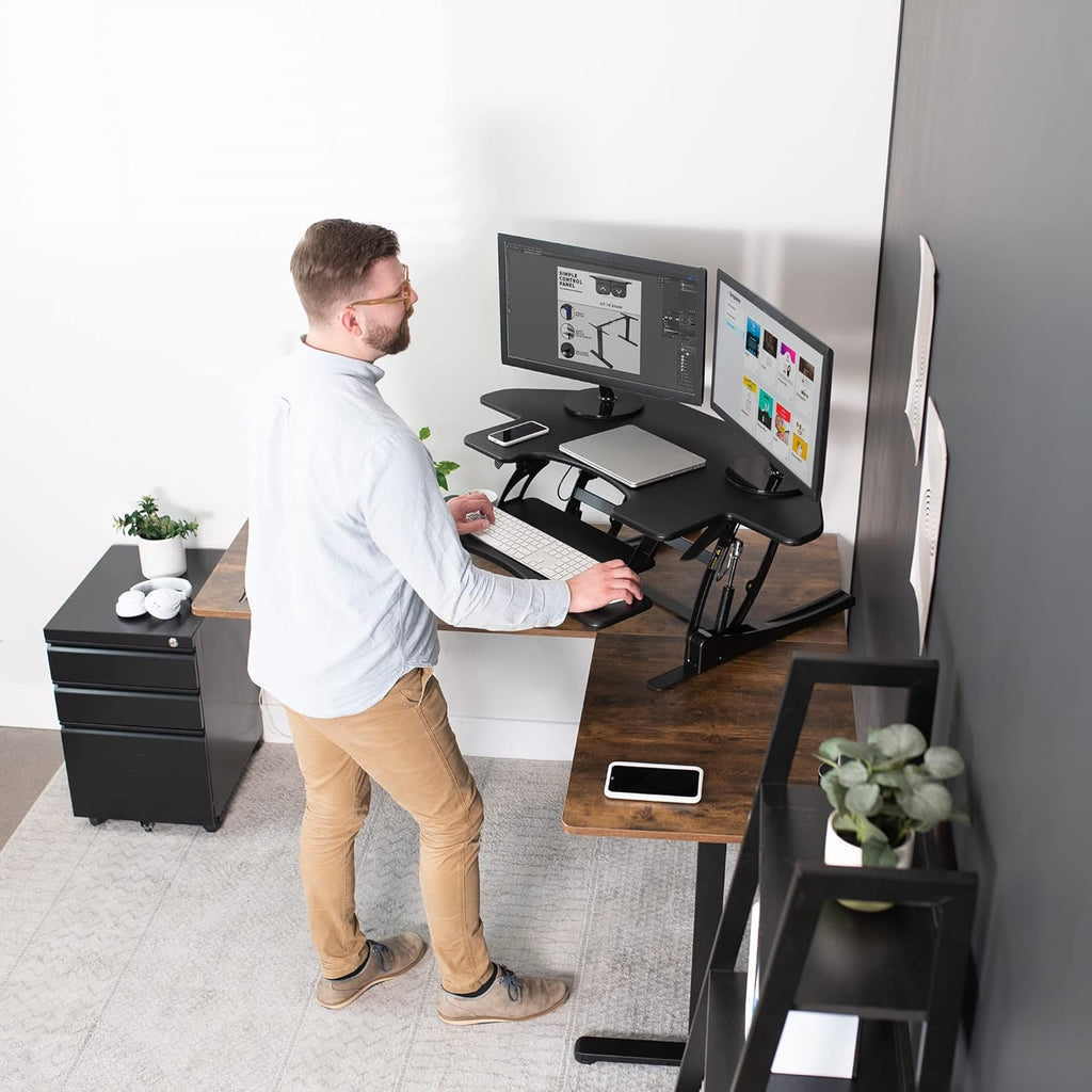 VIVO 43 inch Corner Height Adjustable Cubicle Stand Up Desk Converter, V Series, Quick Sit to Stand Tabletop Dual Monitor Riser Workstation, Black, DESK-V000VC