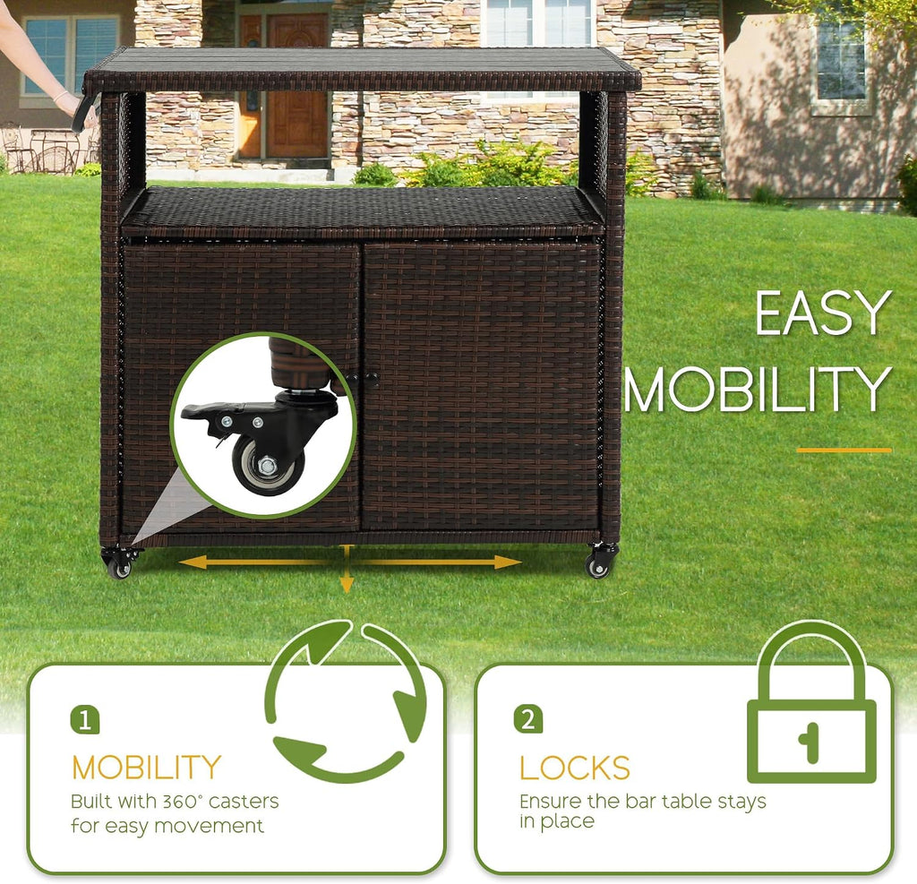 Wicker Outdoor Bar Cart - Brown Patio Console Table Buffet Storage Cabinet Serving Kitchen Cart with Wheels for Outside Backyard