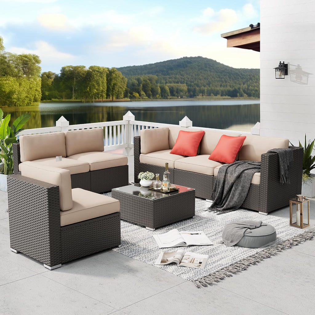 SUNCROWN 7-Piece Outdoor Patio Furniture Sofa Set All-Weather Black Wicker Sectional Conversation Set with Modern Glass Coffee Table and Cushions, Backyard, Garden, Poolside, Brown