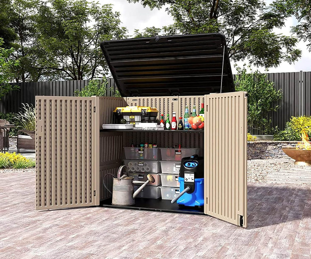 HOMSPARK Storage Shed Weather Resistance, Multi-Purpose Outdoor Storage Cabinet for Backyards and Patios, Horizontal Storage Shed for Lawnmower, Patio Accessories (Coffee,Large - 48 cu.ft)