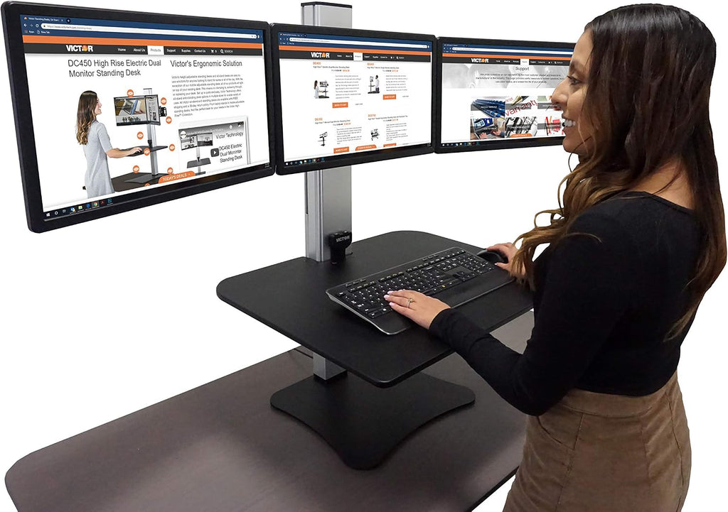 Victor DC475 High Rise Electric Triple Monitor Standing Desk Converter | Three Large Monitor Sit-Stand Desk | 28' Wide Work Surface | Compatible with Any Standard Desk | Adjustable Monitor Holder
