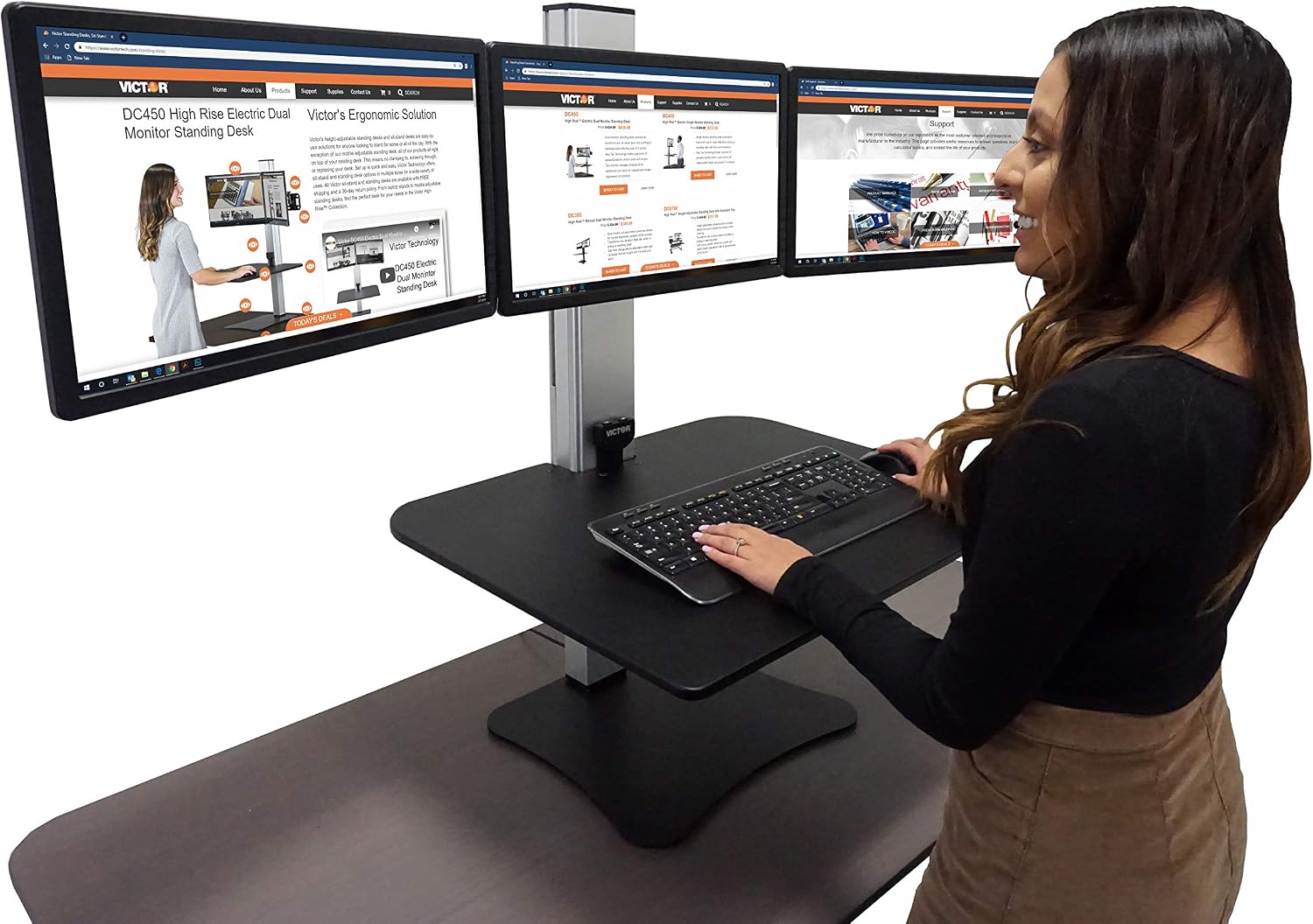 Victor DC475 High Rise Electric Triple Monitor Standing Desk Converter | Three Large Monitor Sit-Stand Desk | 28' Wide Work Surface | Compatible with Any Standard Desk | Adjustable Monitor Holder