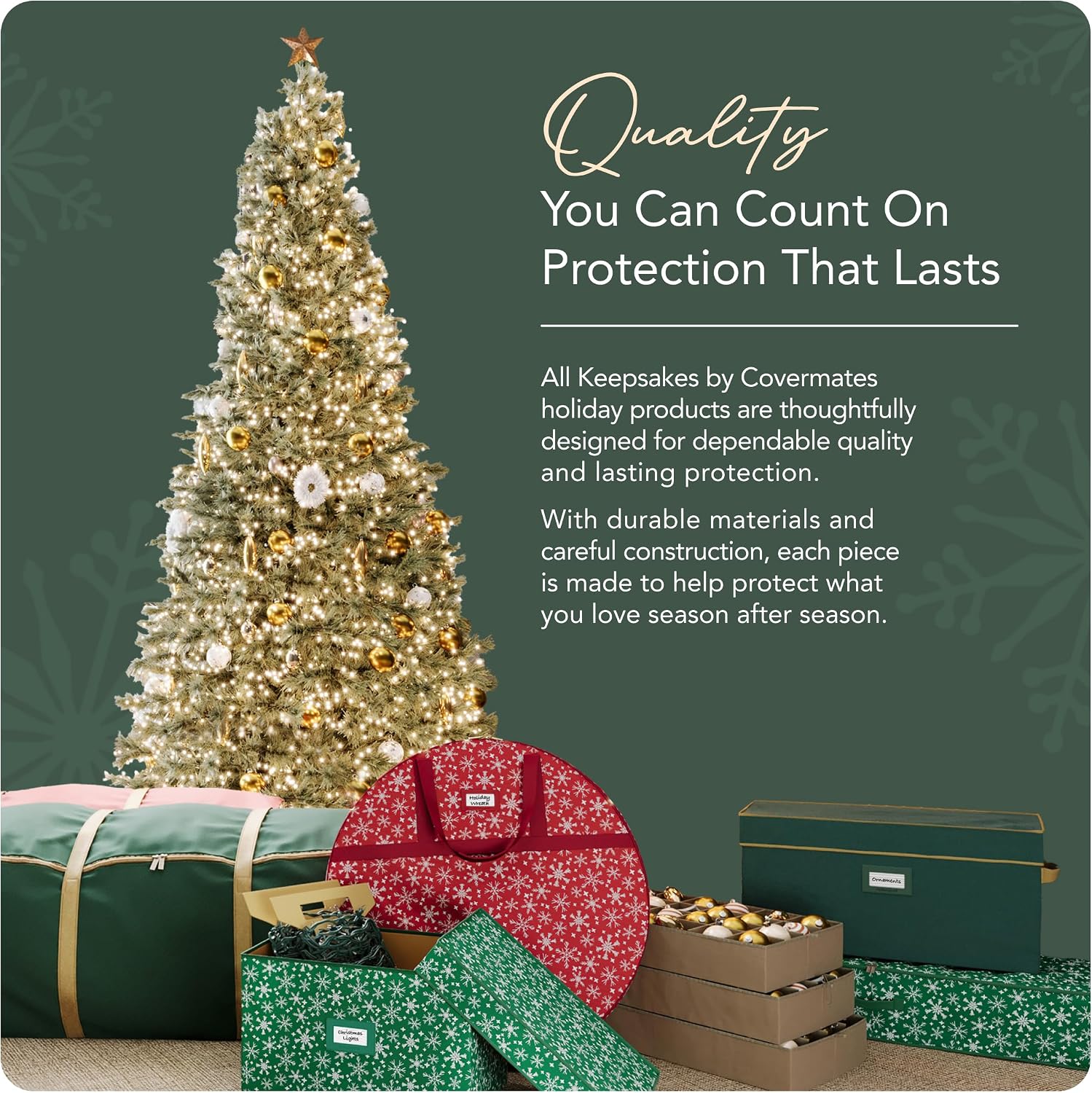 Covermates Keepsakes Christmas Tree Rolling Cinch Bag – Heavy-Duty Polyester Holiday Storage with Wheels, Reinforced Handles & Cinch Straps – Durable Christmas Tree Storage Solution, Green