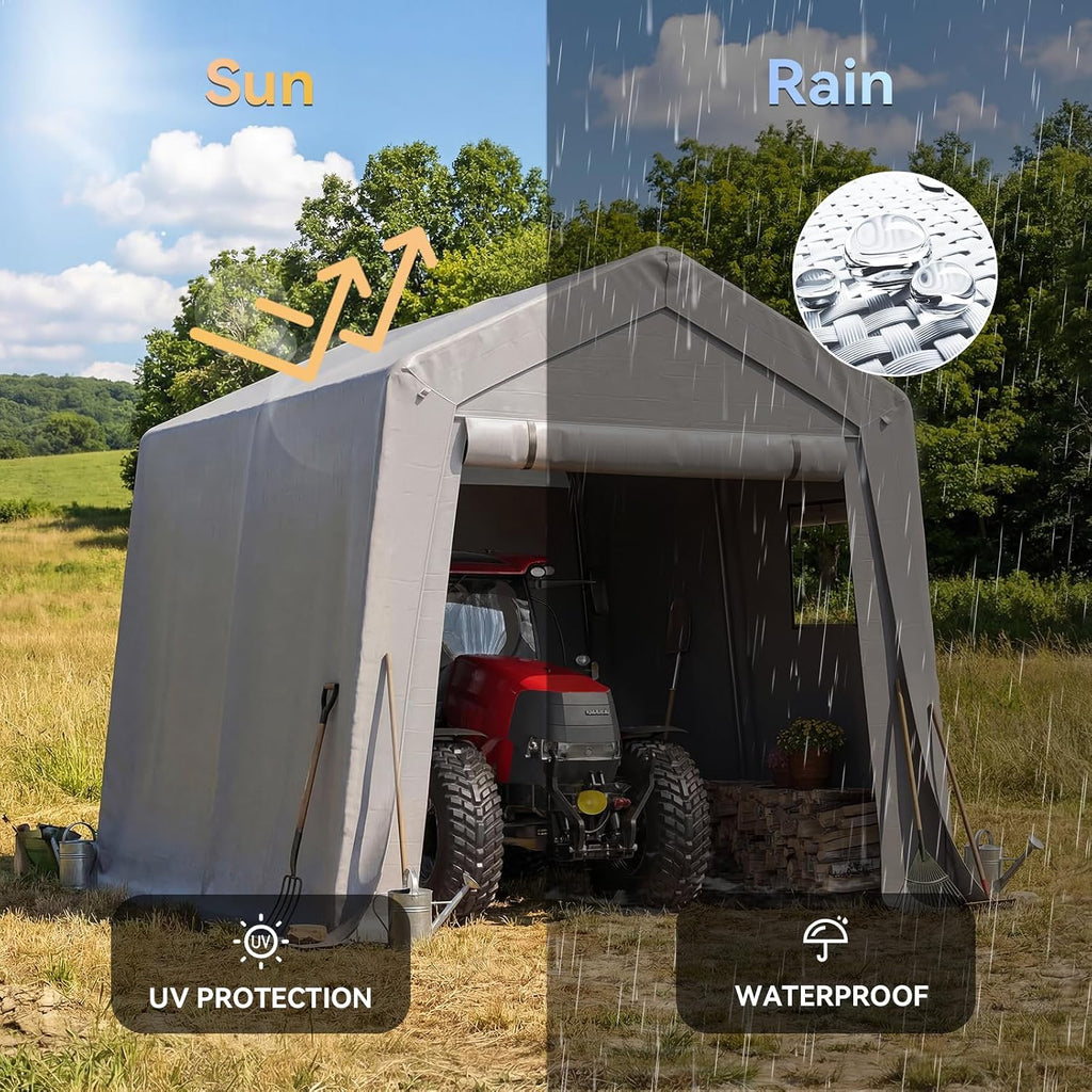 Aoxun 10x10 FT Outdoor Portable Storage Shed Tent with Roll-up Zipper Door and Window Portable Carport with Waterproof Tarp Galvanized Steel for Motorcycle, Generator, Bike Storage (Gray)