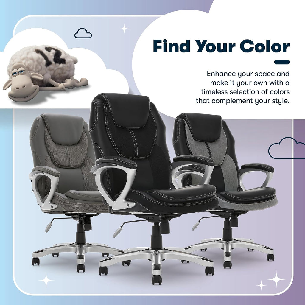 Serta Amplify Executive Office Chair with Faux Leather and Mesh, Adjustable Ergonomic Comfy Seat with Lumbar Support, Modern Computer DeskChairs, Swivel Rolling Wheels, Black