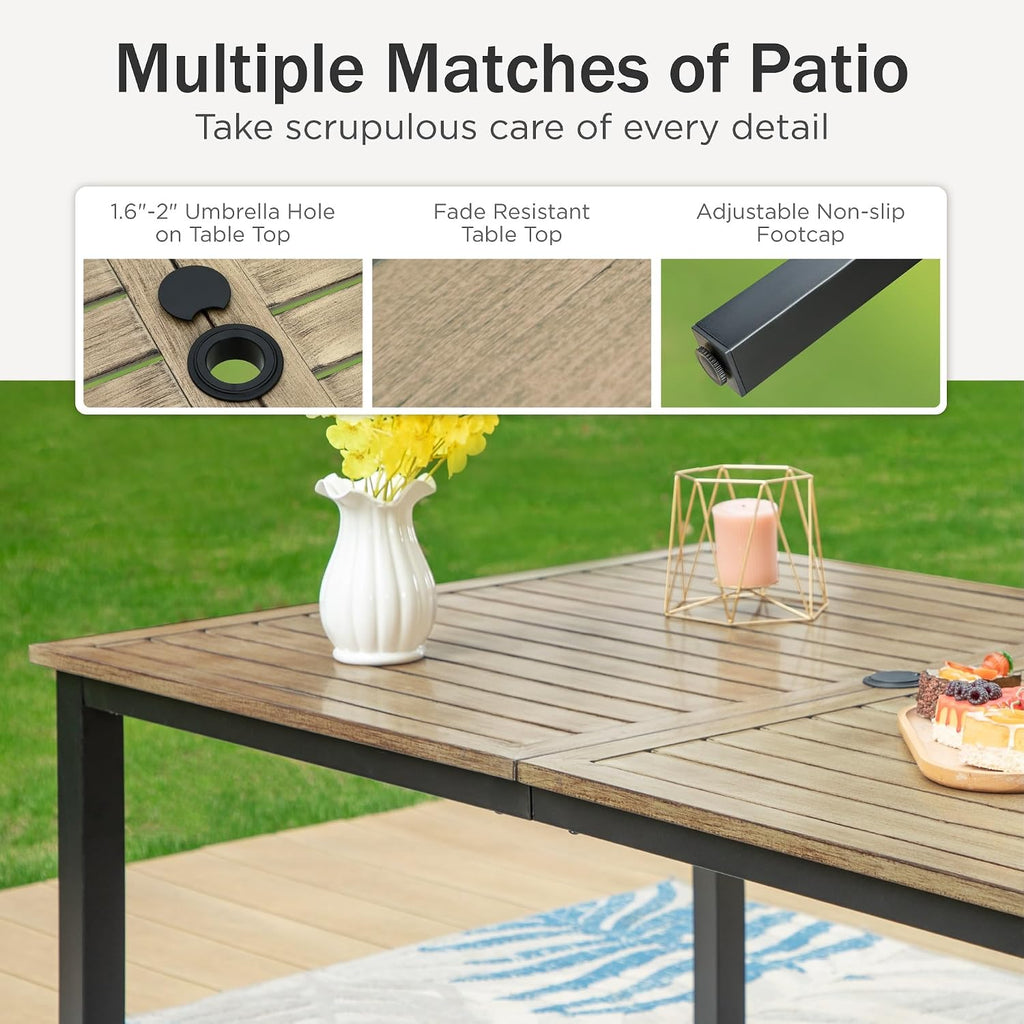 PHI VILLA 7 Pieces Outdoor Dining Set for 6, 65' Brown Wood-Like Metal Steel Dining Table & Stackable Black Iron Chairs, Large Outside Furniture Set for Patio, Deck, Yard, Porch