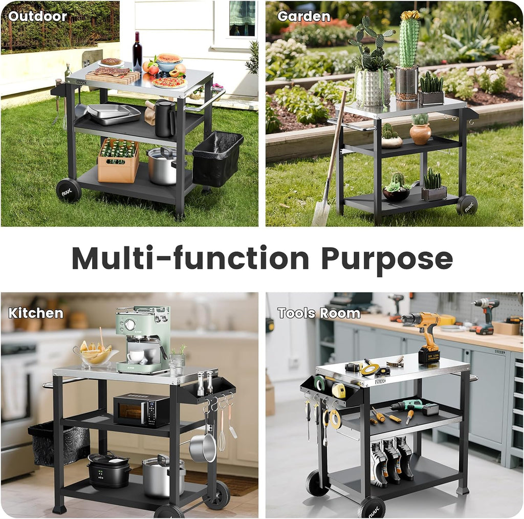 NUUK 3-Shelf Grill Cart for Outdoor with Stainless Steel Top – 20' x 32' Movable Pizza Oven Stand with Wheels Kitchen Prep Table BBQ Cart Worktable