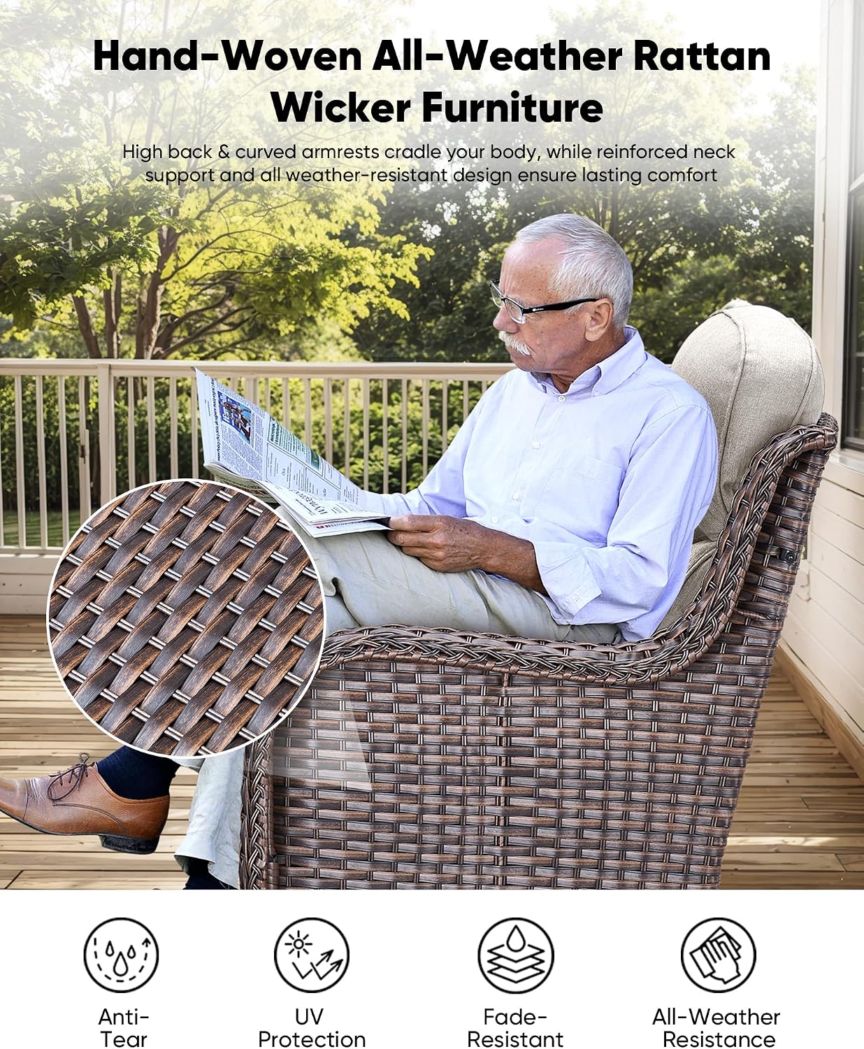 HUMMUH 7 Pieces Wicker Patio Furniture Set with Patio Swivel Chairs Set of 4,High Back Outdoor Sofa Ottomans,6 Inch Thick Cushions Outdoor Conversation Set for Porch, Balcony, Deck