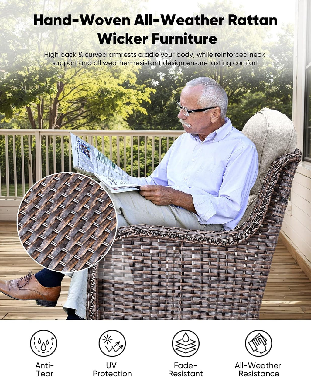 HUMMUH Wicker Patio Furniture Set 6 Inch Thick Cushion Outdoor Swivel Rocker Patio Chairs with Deep Seat Sofa 5PCS Outdoor Furniture Set for Porch Garden Deck