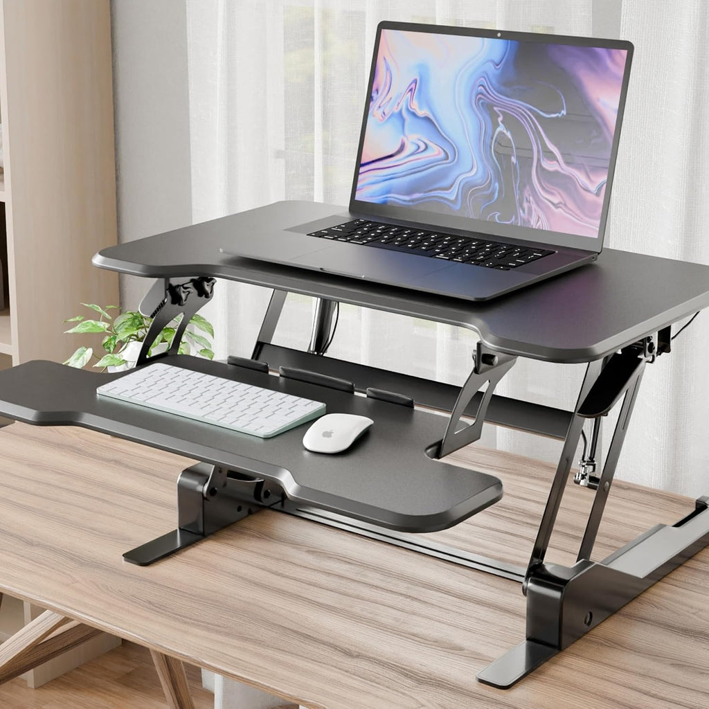 Mount-It! Height Adjustable Standing Desk Converter, Compact 30' Wide Tabletop Standing Desk Riser with Gas Spring, Desktop Stand Up Workstation with Keyboard Tray Fits Monitor or Laptop, Black