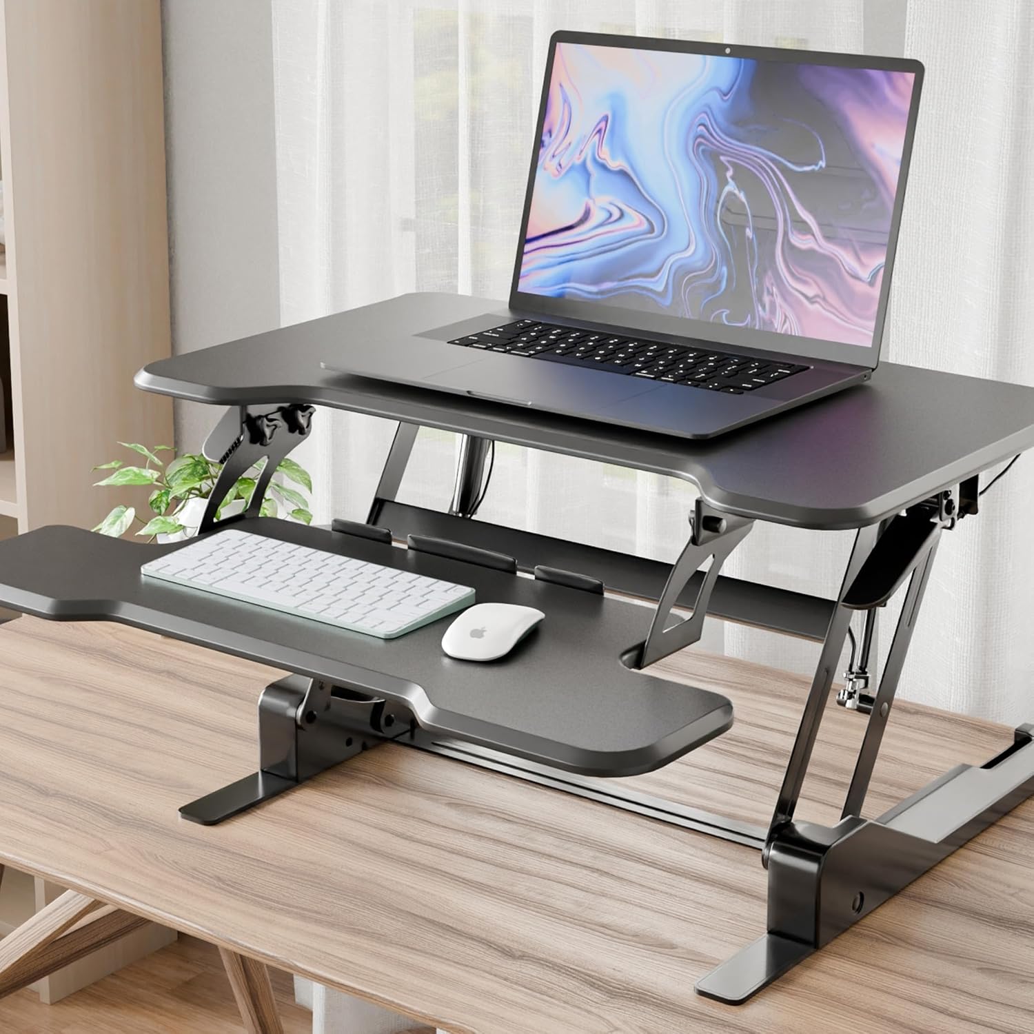 Mount-It! Height Adjustable Standing Desk Converter, Compact 30' Wide Tabletop Standing Desk Riser with Gas Spring, Desktop Stand Up Workstation with Keyboard Tray Fits Monitor or Laptop, Black