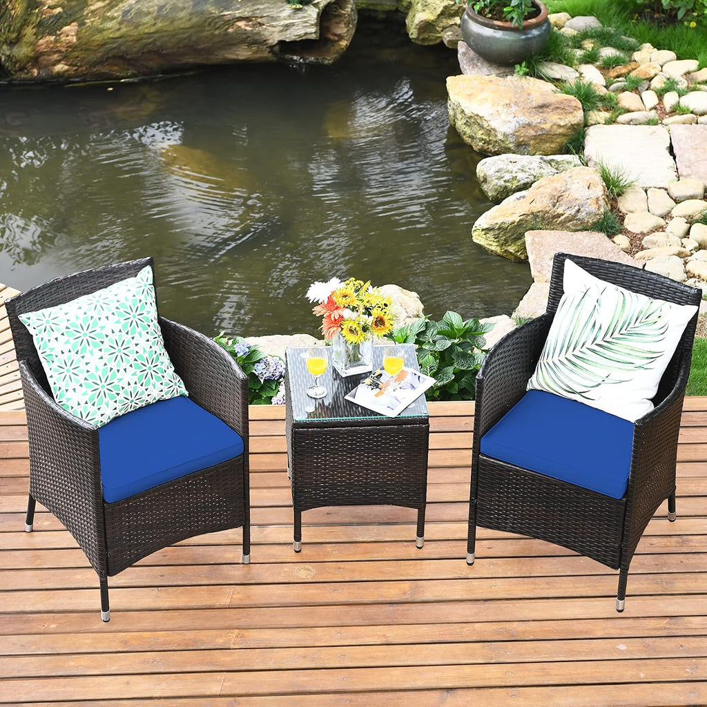 COSTWAY 3 PCS Patio Furniture Set, Outdoor Wicker Conversation Set with Tempered Glass Coffee Table, Seat Cushions, Rattan Wicker Chairs for Poolside Balcony Porch Backyard, Navy