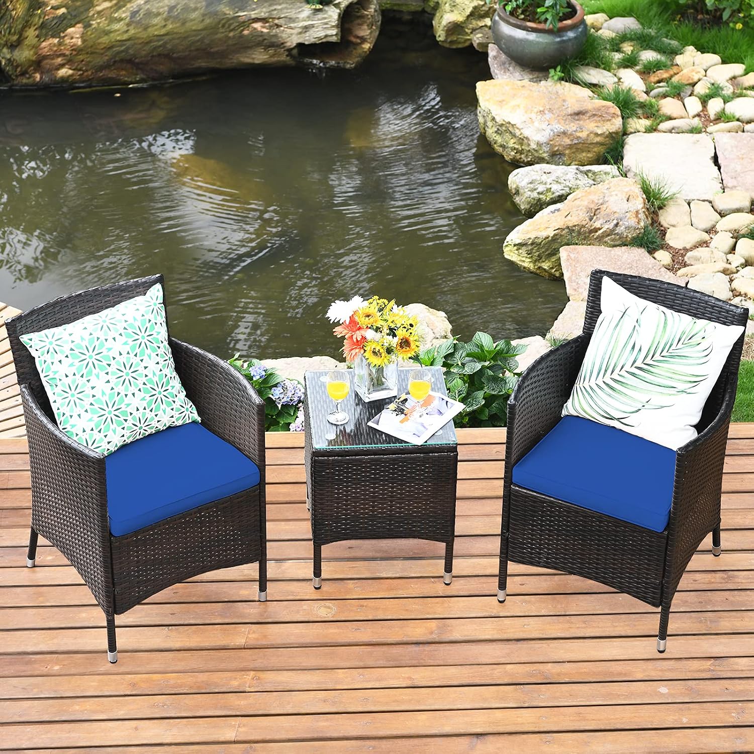 COSTWAY 3 PCS Patio Furniture Set, Outdoor Wicker Conversation Set with Tempered Glass Coffee Table, Seat Cushions, Rattan Wicker Chairs for Poolside Balcony Porch Backyard, Navy