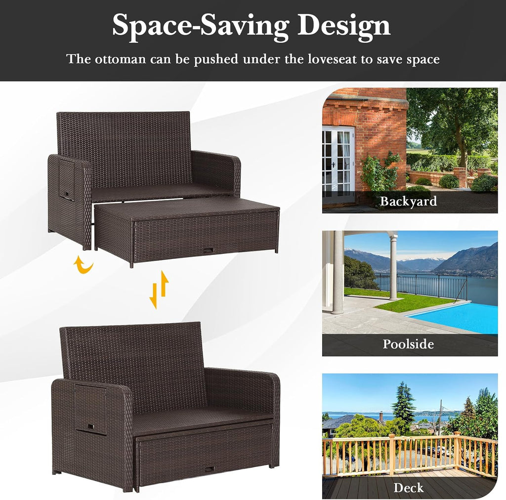 Tangkula Patio Rattan Daybed with 4-Level Adjustable Backrest, Outdoor PE Wicker Loveseat with Storage Ottoman & Folding Side Tray, Double Sunbed Lounger for Balcony, Backyard & Poolside, Black