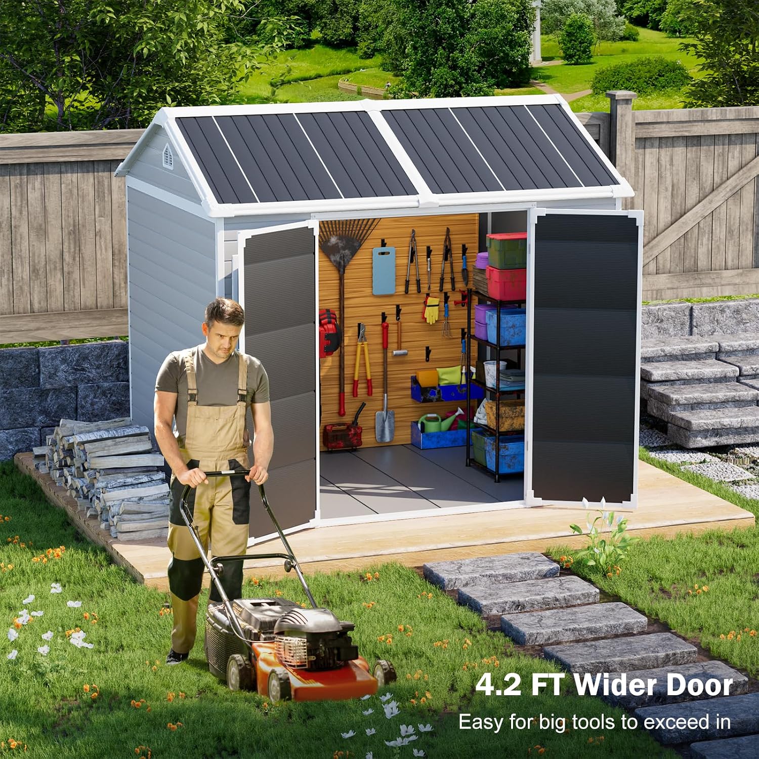 8x6x7 FT Resin Storage Sheds with Floor Unique Openable 2 Windows, Heavy Duty Frame Waterproof Outdoor Plastic Garden Shed Kit with Base for Backyard Patio Lawn Tools Storage, Gray,Large
