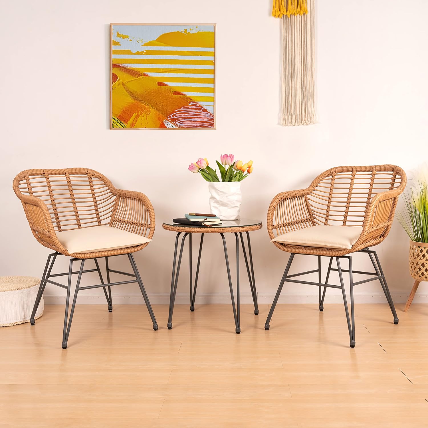 PROHIKER 3 Pieces Outdoor Wicker Bistro Patio Furniture Set, Porch Furniture Rattan Conversation Sets with Side Table and Cushions for Garden Poolside Backyard, Yellow/Beige