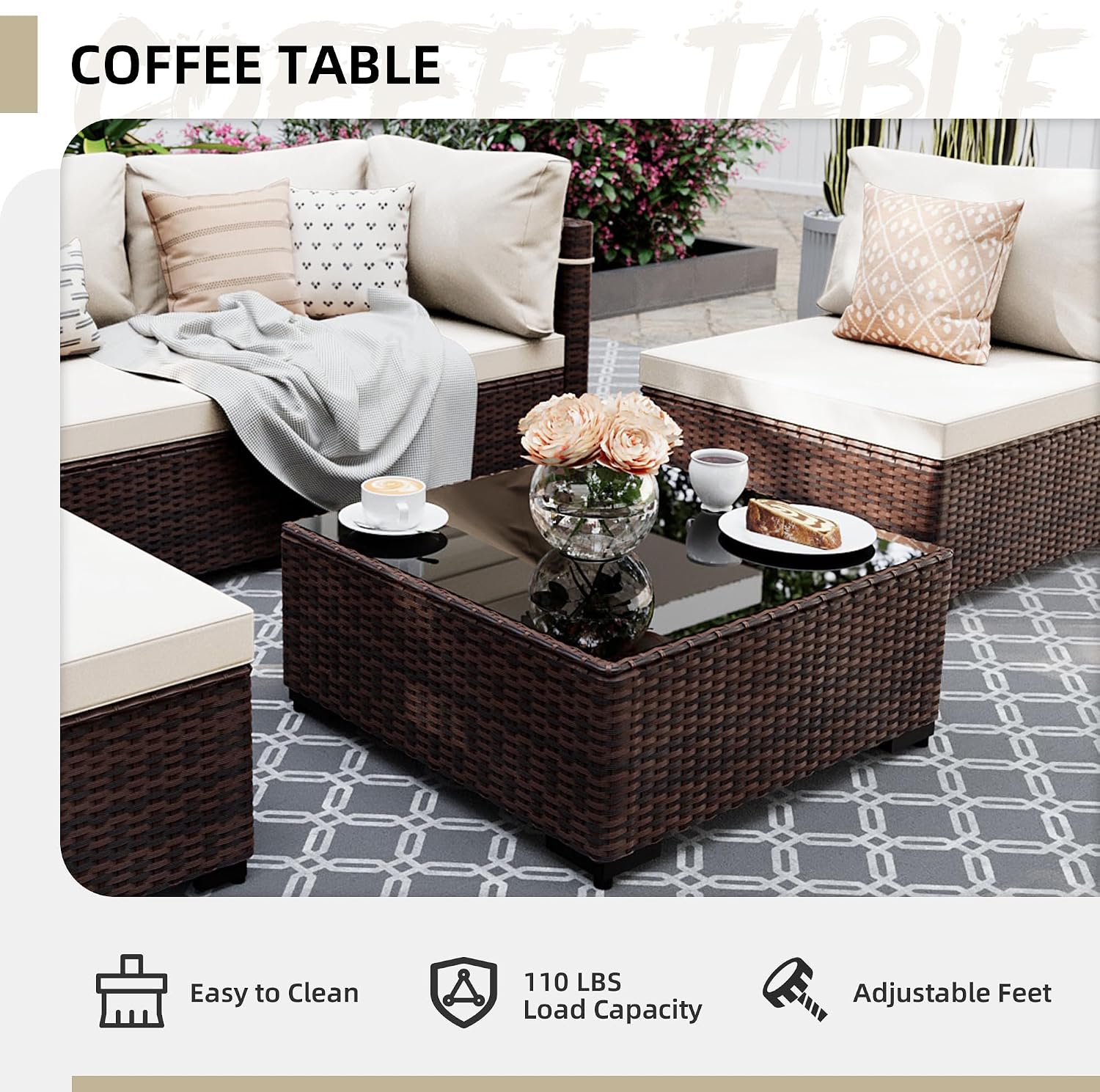 UPHA 5 Pieces Patio Furniture Sets, Wicker Outdoor Sectional Sofa Couch with Coffee Table, Patio Conversation Set for Deck Backyard Garden, Brown Rattan, White Cushion