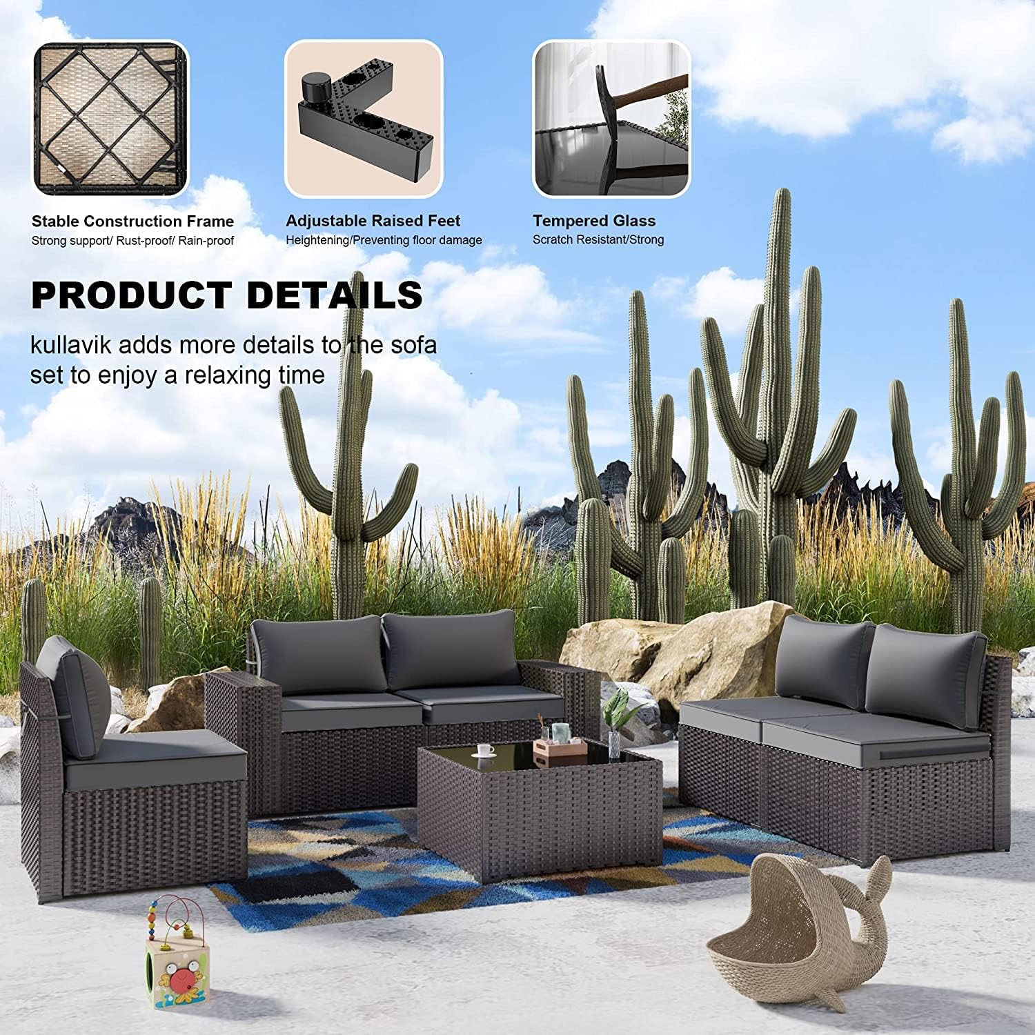 Kullavik Outdoor Patio Furniture Set,12 Pieces Sectional Rattan Sofa Set Brown PE Rattan Wicker Patio Conversation Set with 10 Seat Cushions and 2 Tempered Glass Coffee Table,Grey