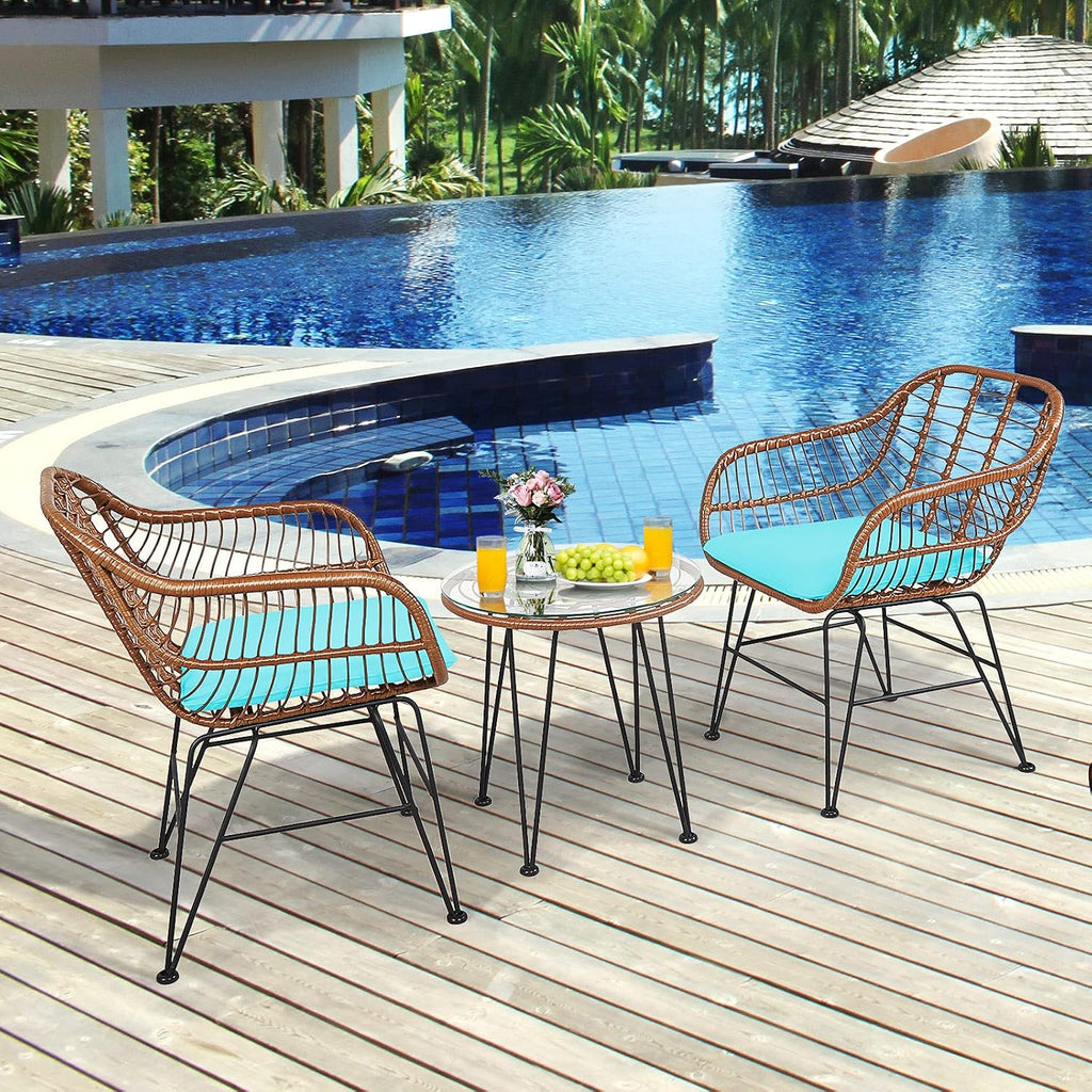 COSTWAY 3 Pieces Patio Bistro Set, Outdoor Rattan Conversation Seating Chair Set with Coffee Table & Soft Cushions, Indoor Wicker Furniture Set for Garden, Balcony, Porch, Pool, Turquoise