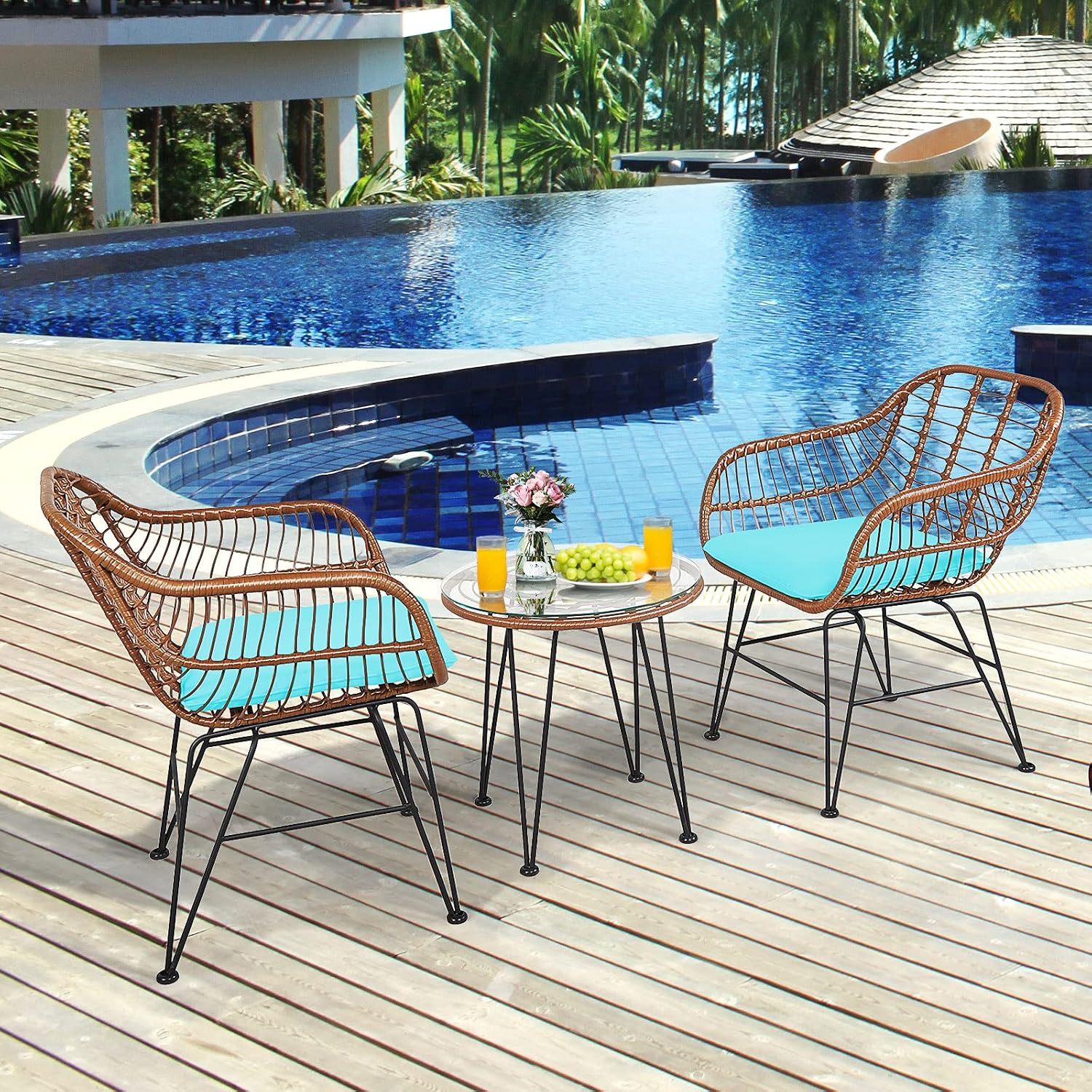 COSTWAY 3 Pieces Patio Bistro Set, Outdoor Rattan Conversation Seating Chair Set with Coffee Table & Soft Cushions, Indoor Wicker Furniture Set for Garden, Balcony, Porch, Pool, Turquoise