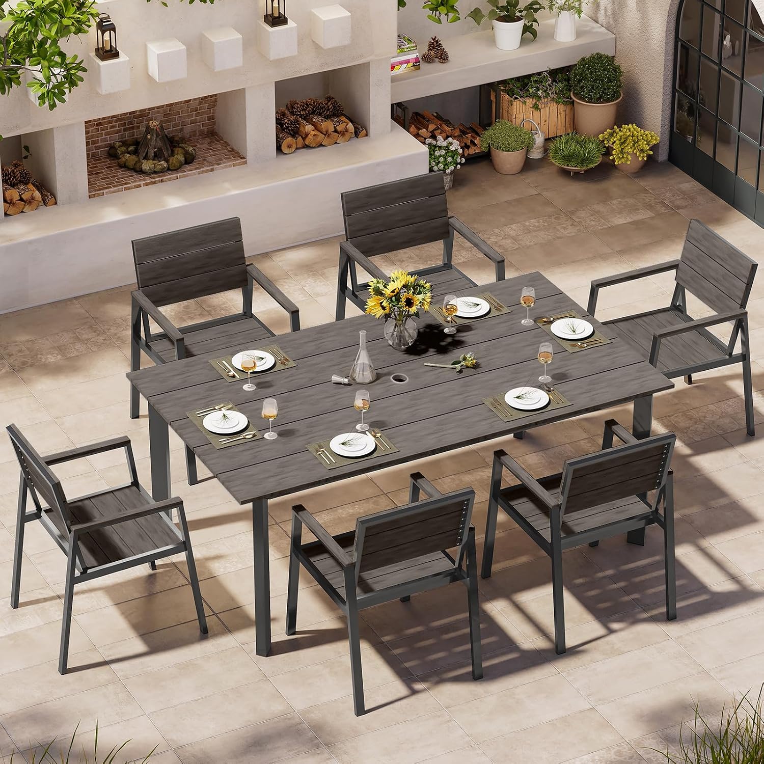 Outdoor Dining Set for 6, Patio Table and Chairs Set with Umbrella Hole, 7 Pieces HDPS + Aluminum Outdoor Furniture Sets for Patio, Garden (Charcoal)