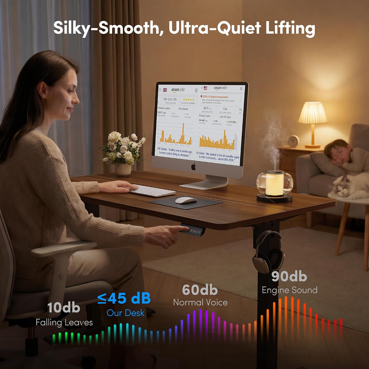 FEZIBO Standing Desk, 63×28 Inches Electric Height Adjustable, Sit Stand Up, Computer Office Desk with Splice Board, Black Frame/Black Walnut TOP
