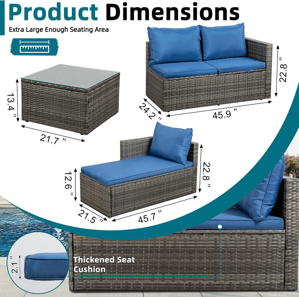 SUNLEI Small Outdoor Sofa Patio Furniture Set with Detachable Cushions, 3 PCS Patio Sectional Sofa with Coffee Table & 5 Position Adjustable,PE Rattan Patio Conversation Set, Silver Rattan/Royal Blue