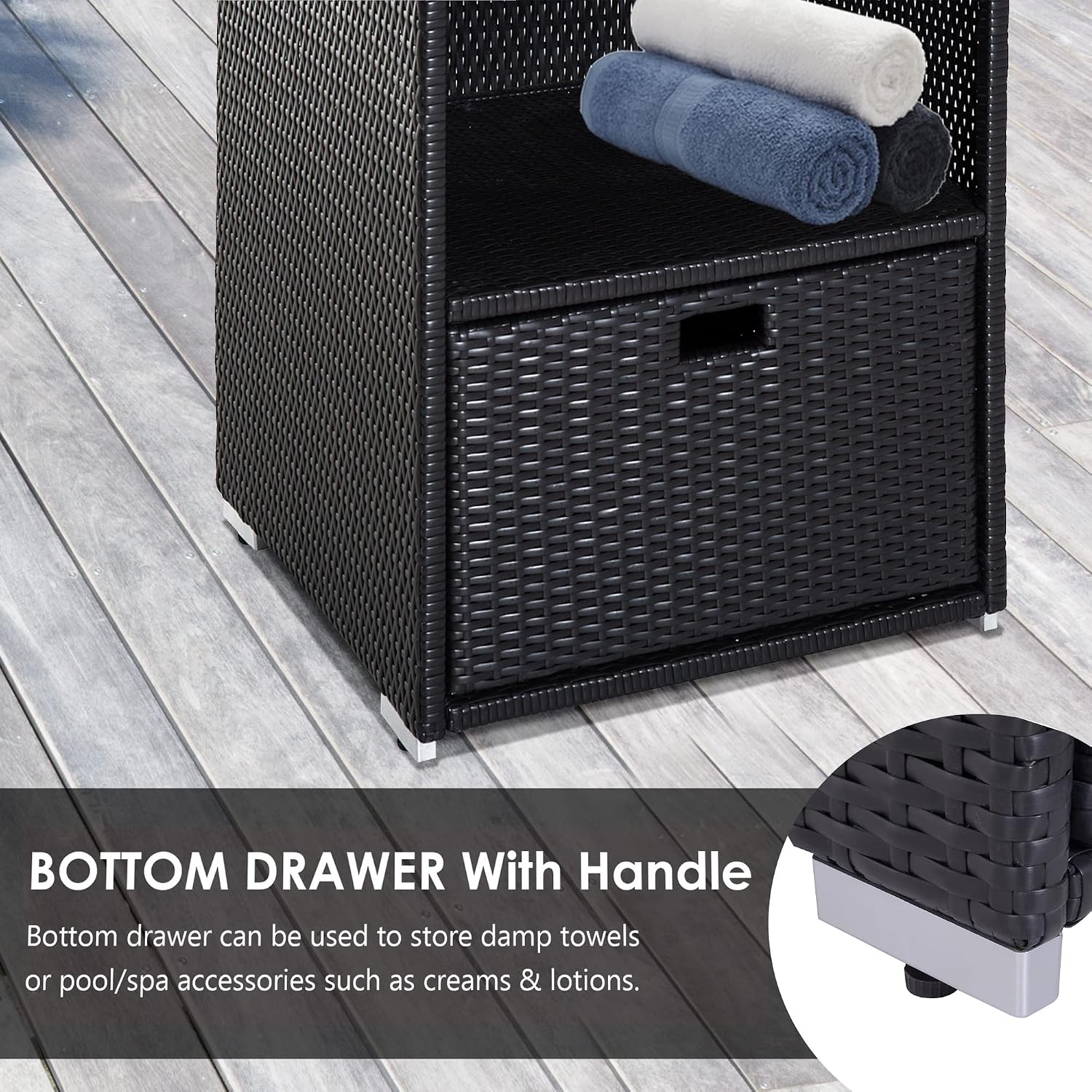 Outsunny Valet Pool Towel Rack, Waterproof PE Plastic Rattan Wicker Storage Organizer, Indoor Outdoor Spa, and Hot Tub Accessory Storage, 2 Shelves, 1 Basket Drawer, Espresso