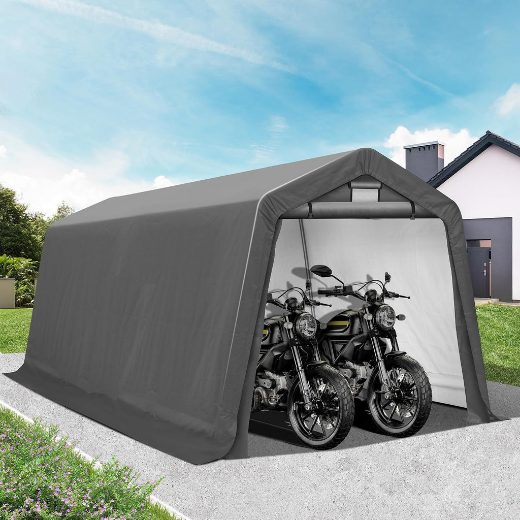 GARTOO 8' x 14' Outdoor Storage Shelter Shed- Heavy Duty Storage Tent with Roll-up Ventilated Windows, Portable Garage Zipper Storage shed for Bike, ATV, Motorcycle Shelter, Gray