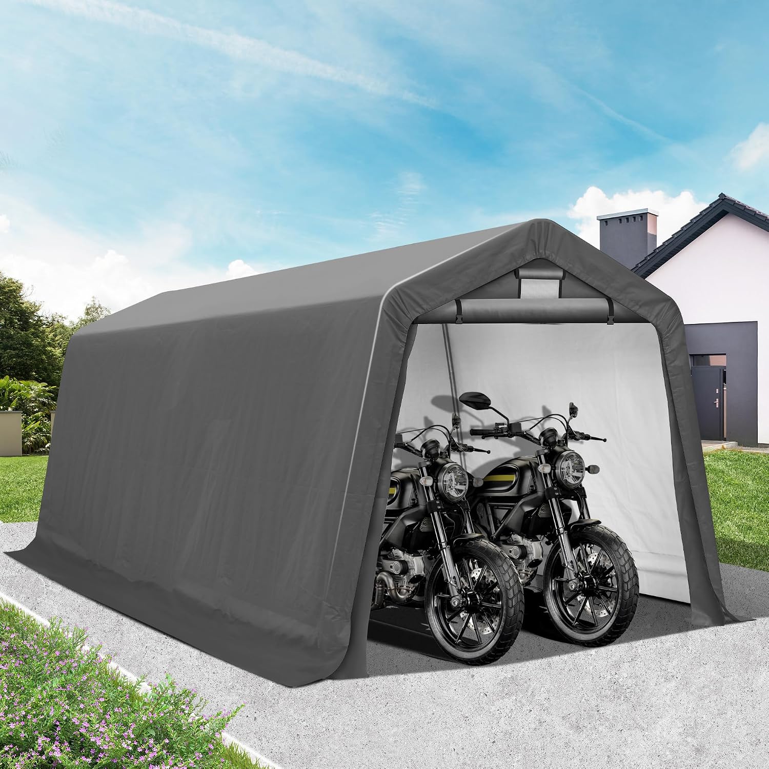 GARTOO 8' x 14' Outdoor Storage Shelter Shed- Heavy Duty Storage Tent with Roll-up Ventilated Windows, Portable Garage Zipper Storage shed for Bike, ATV, Motorcycle Shelter, Gray