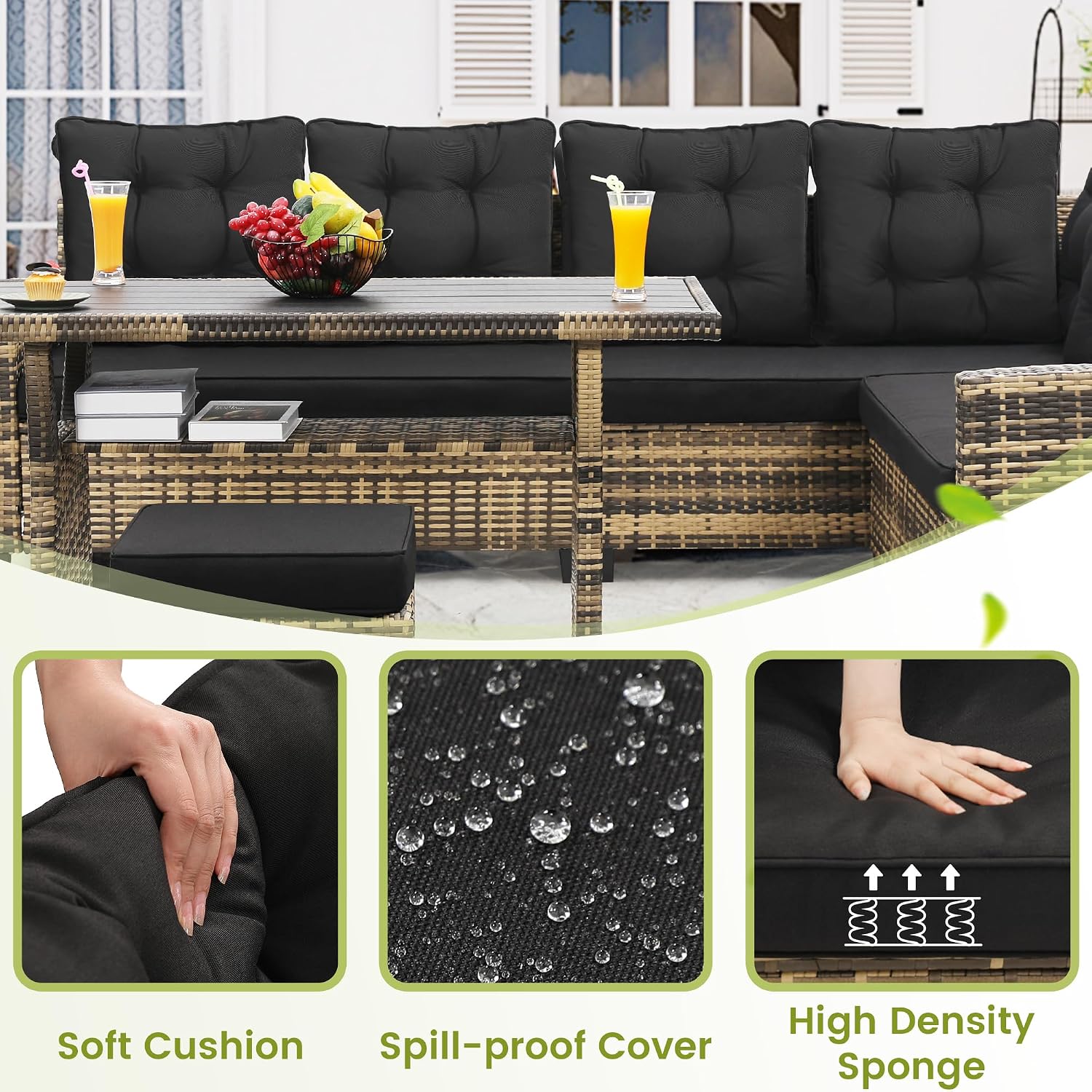 KROFEM 6-Piece Patio Furniture Set, Outdoor Sectional Sofa with Dining Table & Chairs, All-Weather Dining Set with Removable Cushion Covers, Ideal for Garden, Porch, Backyard, Black
