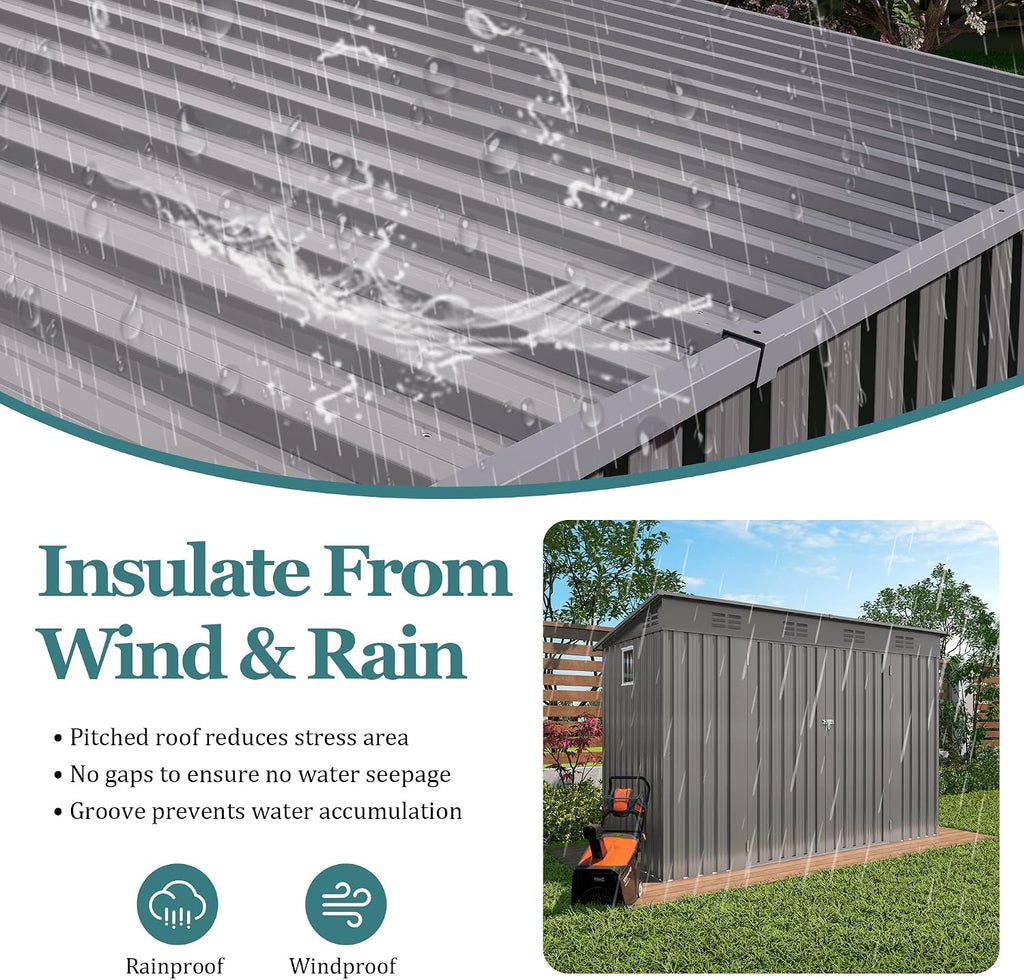 4 * 9.2 * 6 FT Outdoor Storage Shed, Galvanized Steel Garden Shed with Lockable Door & Window, Waterproof Metal Tool Storage for Garden, Backyard, Patio, Lawn(Gray)