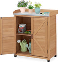 Outdoor Storage Cabinet & Potting Bench Table with Metal Top, Wooden Patio Furniture, Garden Workstation (Light Brwon, 39x31.5x17in)