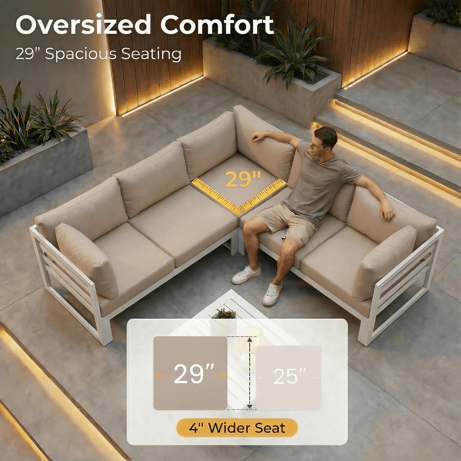 NICESOUL® 6 Piece Modern Extra-Large Aluminum Patio Furniture Set with Fire Pit Table Propane/Natural Gas, 29'' Deep Wide Seated Outdoor Conversation Sofas, 500lbs Heavy Duty L Shaped Sectional, Beige