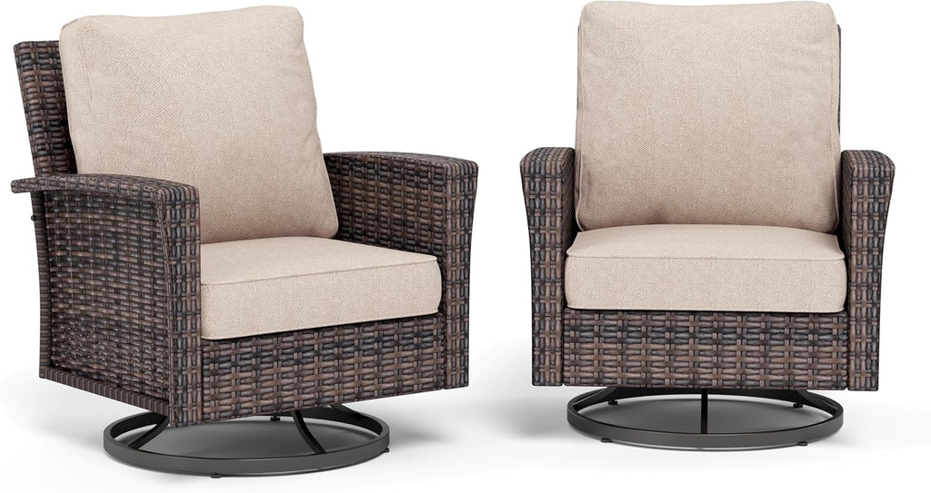 SUNSHINE VALLEY Patio Wicker Swivel Chairs Set of 2, Outdoor High Back Chairs with 5.5' Waterproof Cushions, Outdoor Furniture Set for Deck Porch and Yard, Beige