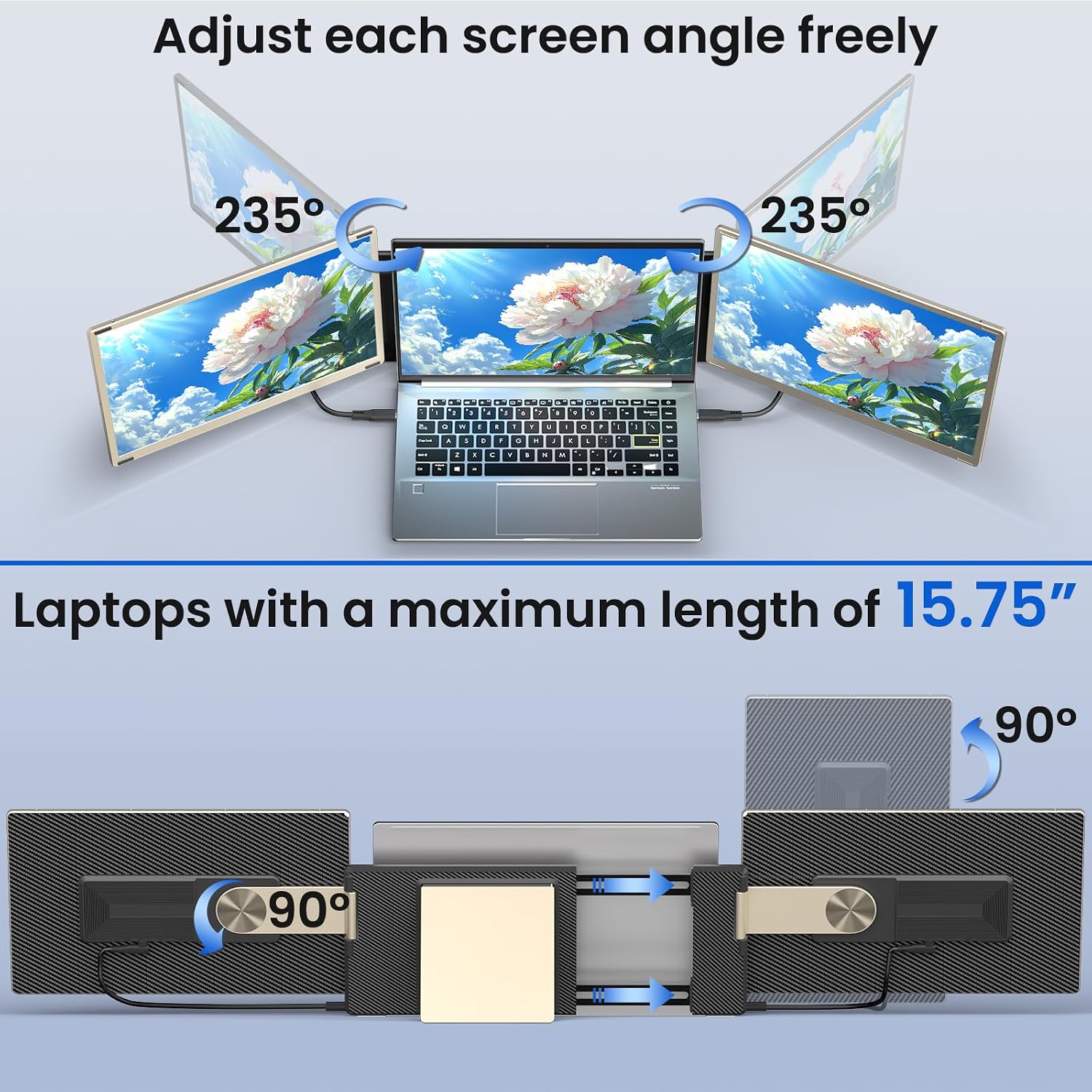 Triple Laptop Screen Extender - 15.6' Monitor IPS FHD 1080P Detachable Portable Display for 13'-17.4' Laptops Compatible with Compatible with Windows Mac Chrome Surface Travel Work Setup