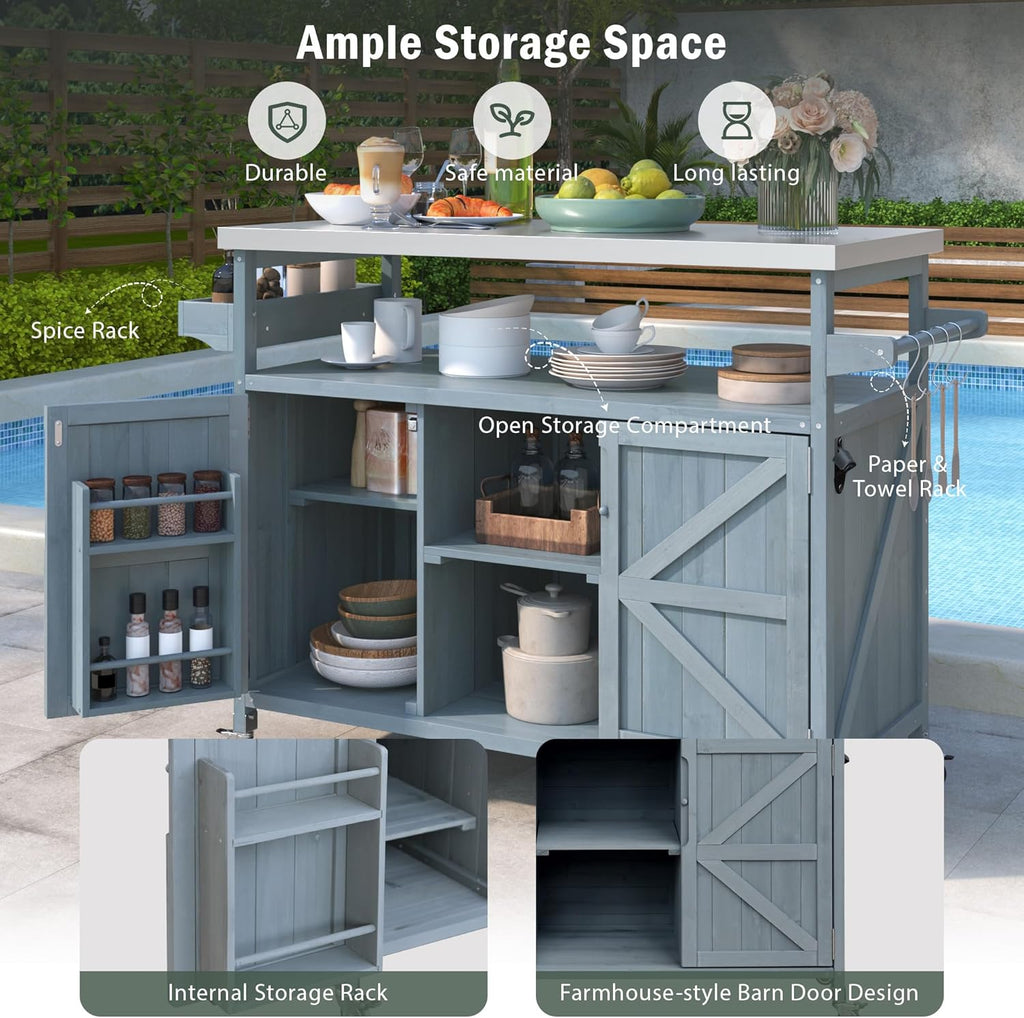 50.25' W Grill Cart with Stainless Steel Tabletop - Outdoor Storage Cabinet for BBQ, Bar Patio Kitchen Island with Ample Storage and Lockable Wheels