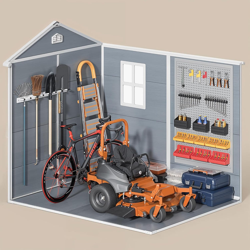 Gizoon 8x6 FT Outdoor Plastic Storage Shed with Reinforced Steel Frame, All-Weather Waterproof Resin Construction, Lockable Doors, Included Floor and Window for Backyard, Garden, Patio