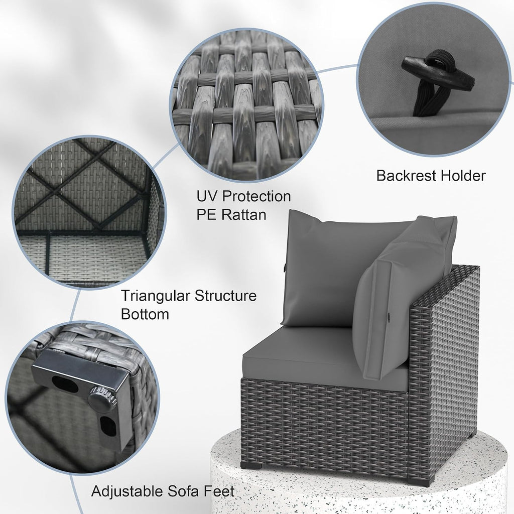 Patio Furniture Set with Fire Pit Table, 8PCS Outdoor Conversation Sets Waterproof Rattan Sectional Sofa with 4' Thickened Cushion Modular Wicker Patio Furniture Set with Glass Top Table (Grey)