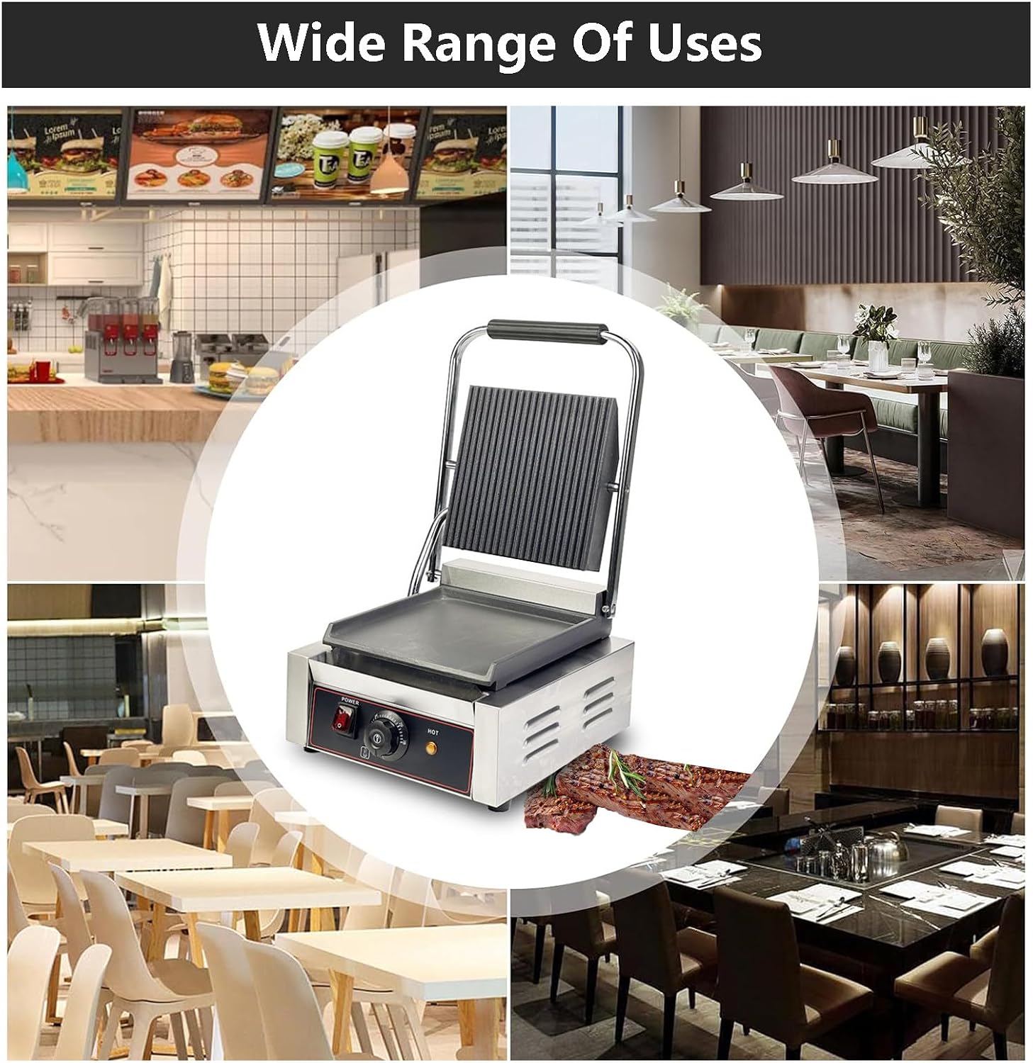 Commercial Sandwich Grill, Contact Grill Single-plate Platen Grill Countertop Sandwich Press W/Tempe Control 50-300℃,for Home Or Restaurant Use (Groo/Smoo)