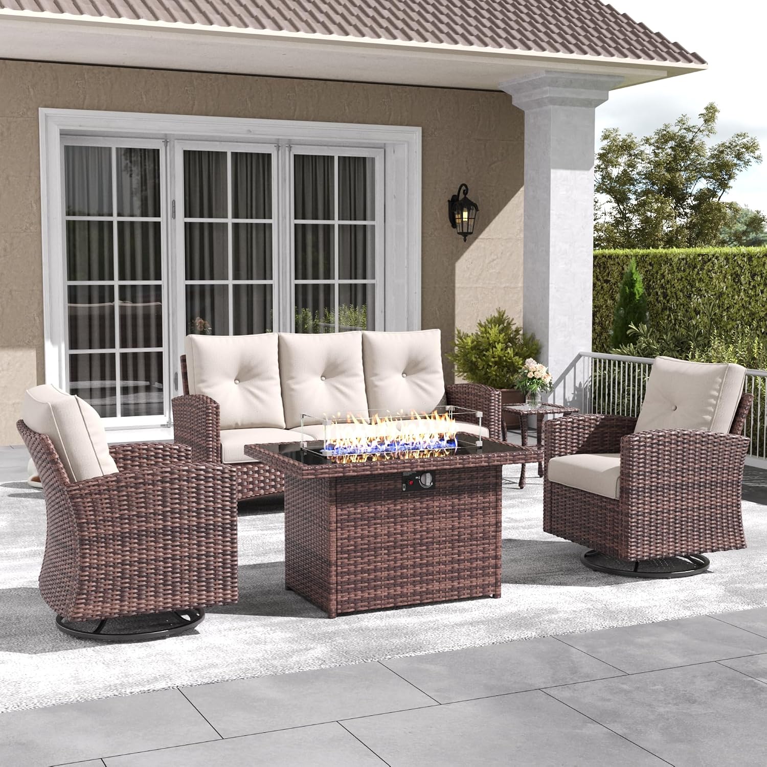 LayinSun 5 Pieces Patio Furniture Set with Swivel Chairs, Rattan Wicker Rocking Glide Chairs with 44' Propane Gas Fire Pit Table Conversation Set
