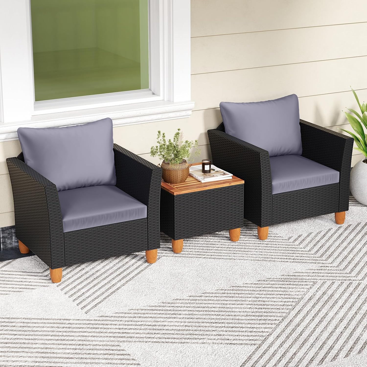 COSTWAY 3 Pieces Patio Rattan Furniture Set, Outdoor Wicker Conversation Chairs Set with Acacia Wood Coffee Table & Washable Cushion, Porch Furniture Bistro Set for Balcony, Garden, Backyard, Grey