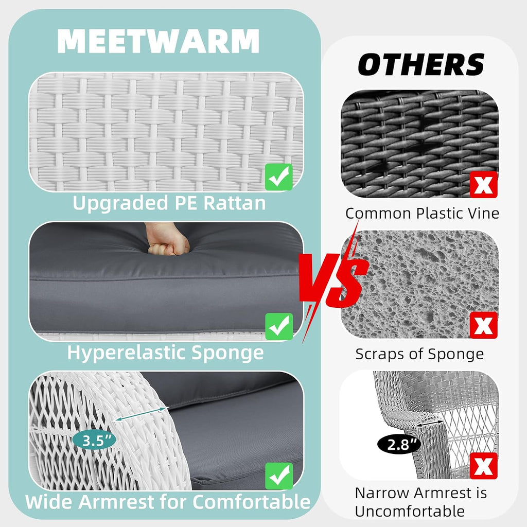 MEETWARM 4 Pieces Outdoor Wicker Patio Conversation Sets with Glider Loveseat, 2 Chairs with Coffee Table Wicker Rocking Chair Set, Patio Furniture Set with Thickened Cushions, White/Grey