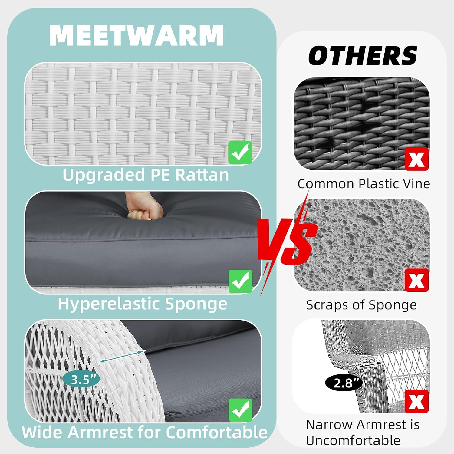 MEETWARM 4 Pieces Outdoor Wicker Patio Conversation Sets with Glider Loveseat, 2 Chairs with Coffee Table Wicker Rocking Chair Set, Patio Furniture Set with Thickened Cushions, White/Grey