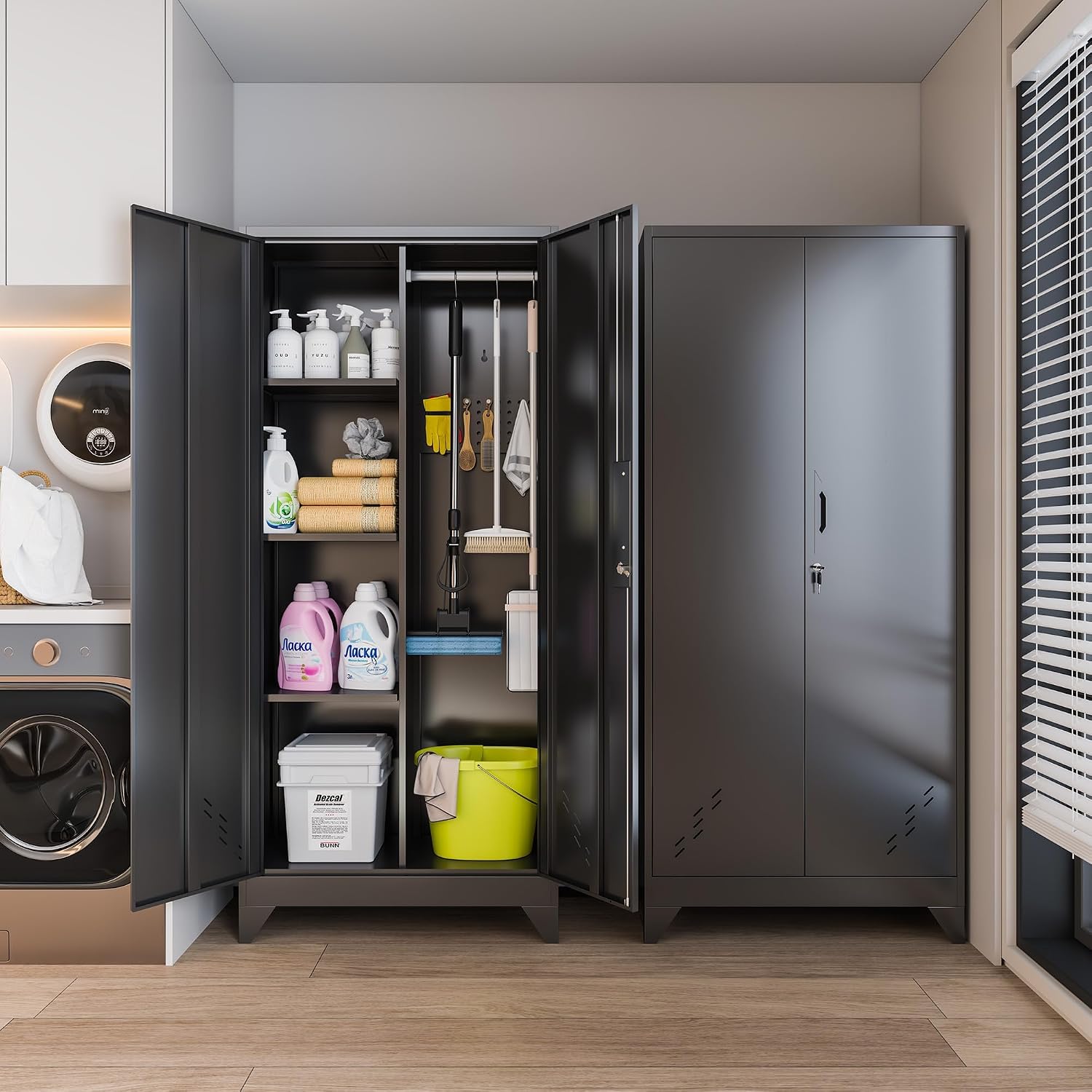 Storage Cabinet 61' H, Metal Tools Storage Cabinet with Lockable Doors and Shelves, Outdoor Storage Sheds with Removable Pegboard for Garage, Utility Room, Office