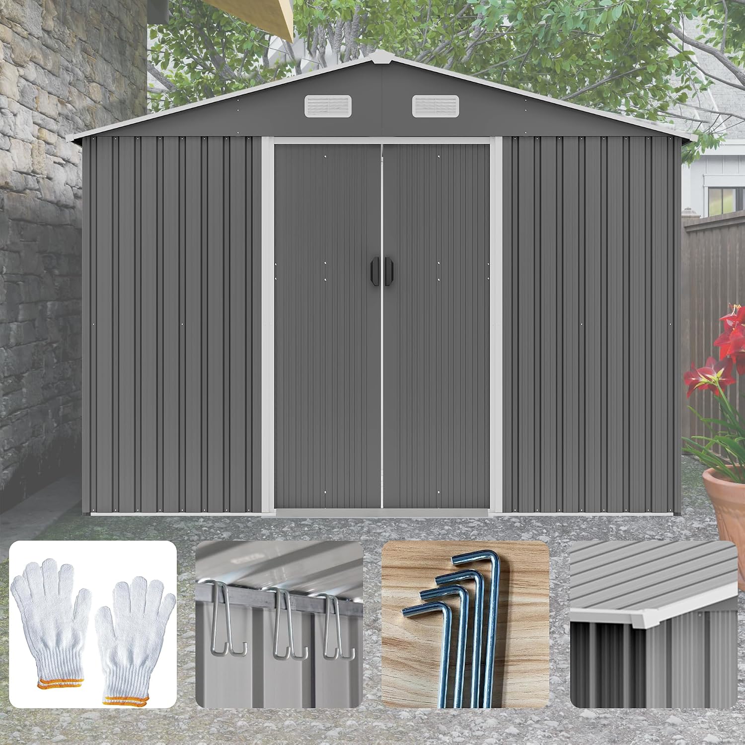 8x6 ft Outdoor Metal Storage Shed with Sliding Door, Heavy-Duty Weather Resistant Steel Garden Shed with Floor Base Kit Included