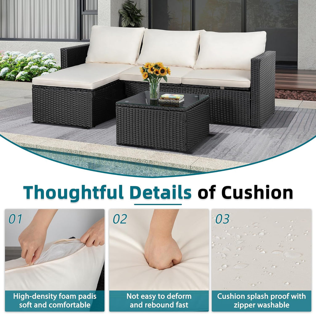SUNLEI Patio Furniture Set with Detachable Soft Cushions, Outdoor PE Rattan Patio Conversation Sofa Set, 3-Piece Patio Sectional Sofa with Glass Coffee Table, Black Rattan/White