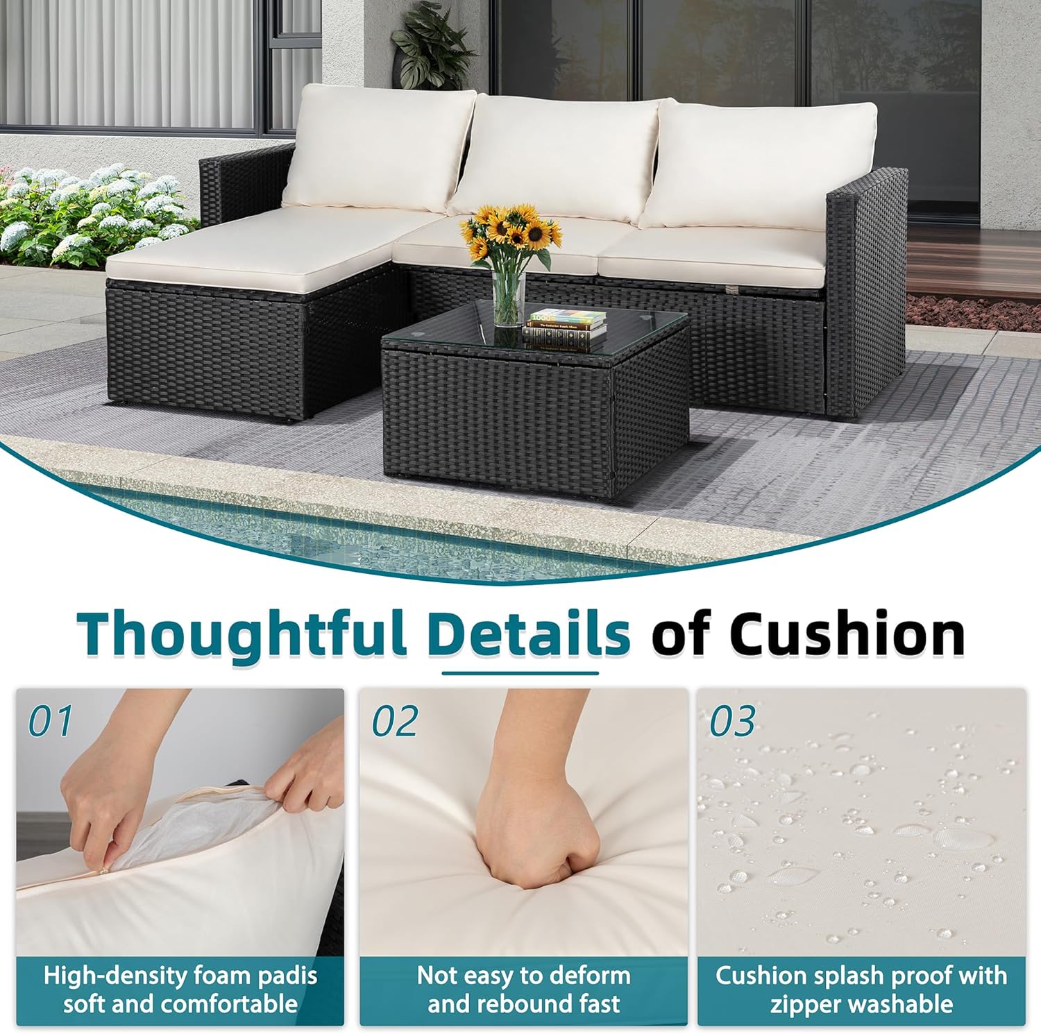 SUNLEI Patio Furniture Set with Detachable Soft Cushions, Outdoor PE Rattan Patio Conversation Sofa Set, 3-Piece Patio Sectional Sofa with Glass Coffee Table, Black Rattan/White